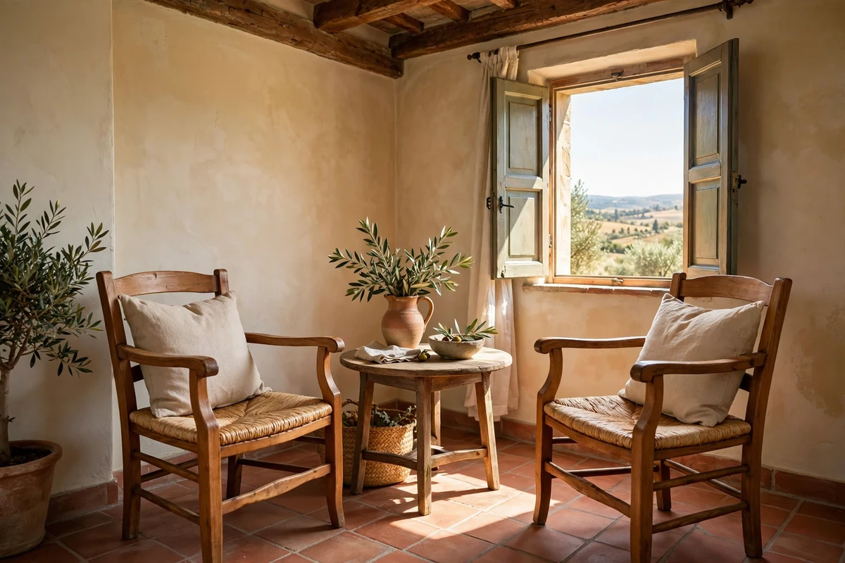 Wooden armchairs with woven rush seats in a sunny Tuscan living room corner