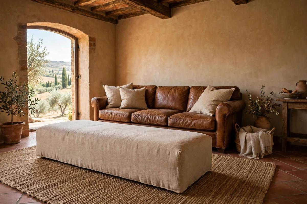 Linen upholstered ottoman bench in a Tuscan living room