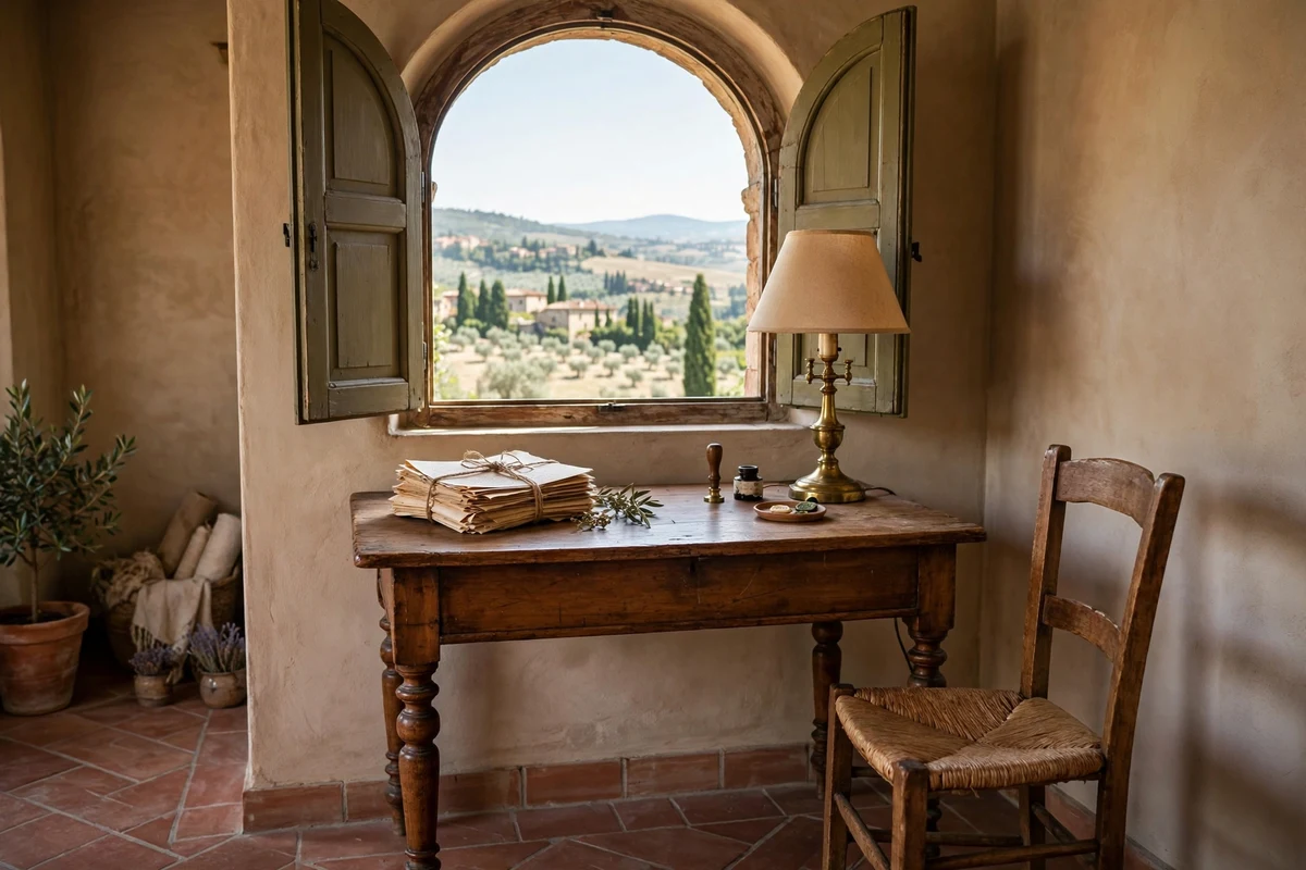 Antique wood writing desk in a Tuscan living room nook