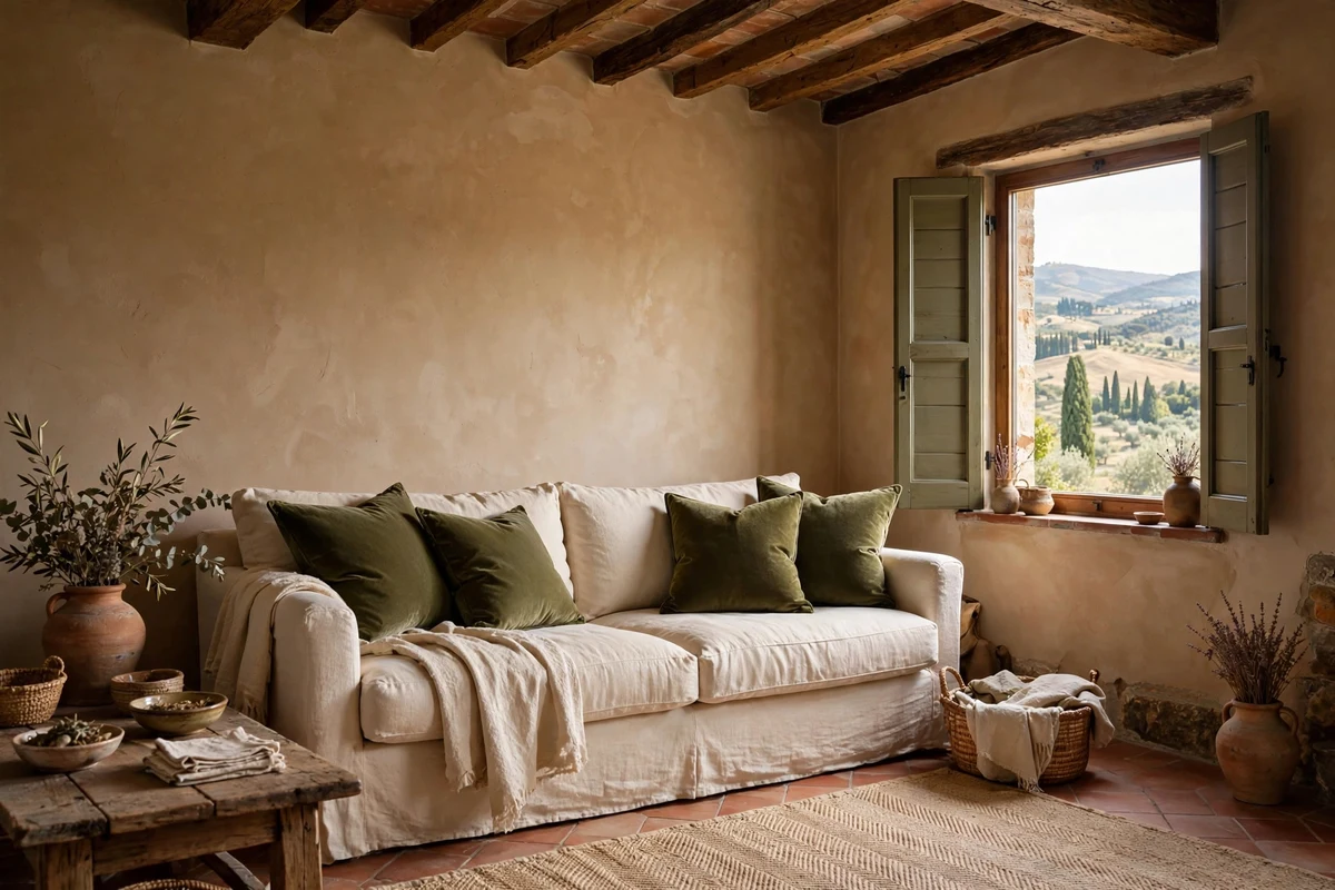 Cream linen sofa with olive green velvet pillows in a Tuscan living room