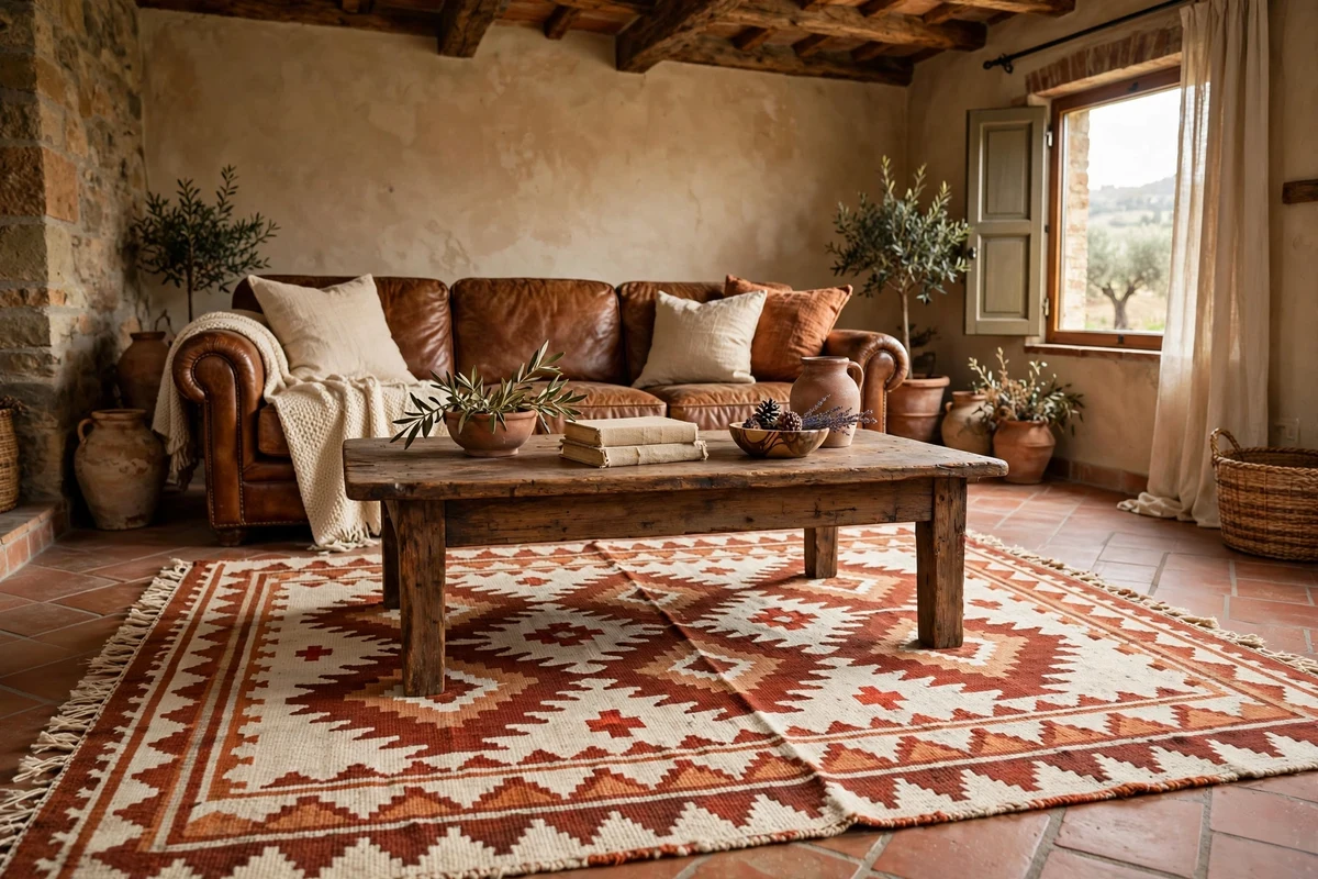 Terracotta wool area rug under a coffee table in a Tuscan living room