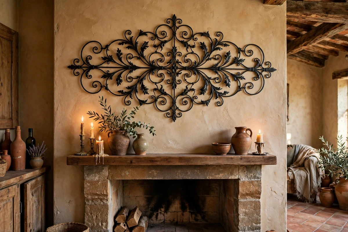 Wrought iron scroll wall art above a mantel in a Tuscan living room