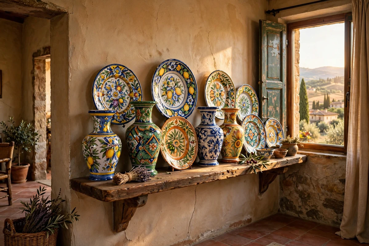 Hand-painted majolica ceramics on a shelf in a Tuscan living room