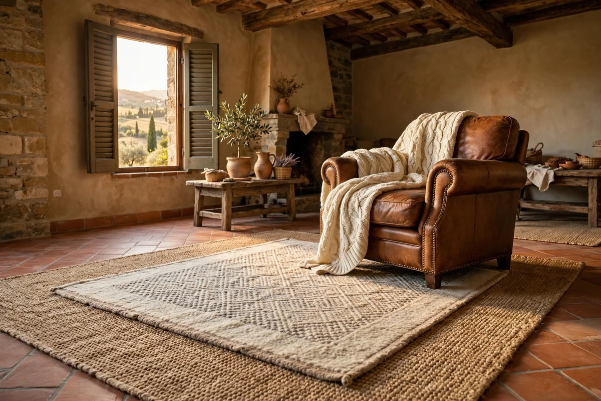 Layered jute and wool rugs with knit throw in a Tuscan living room