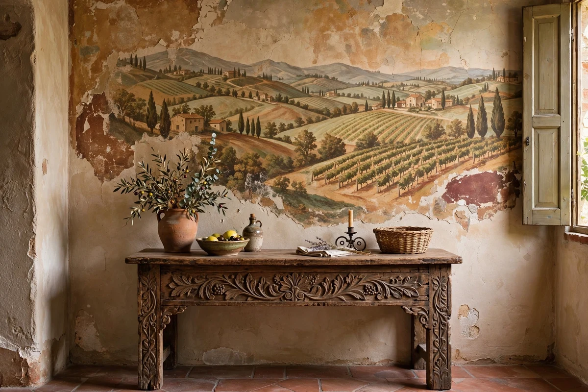 Fresco-style vineyard mural on a wall in a Tuscan living room