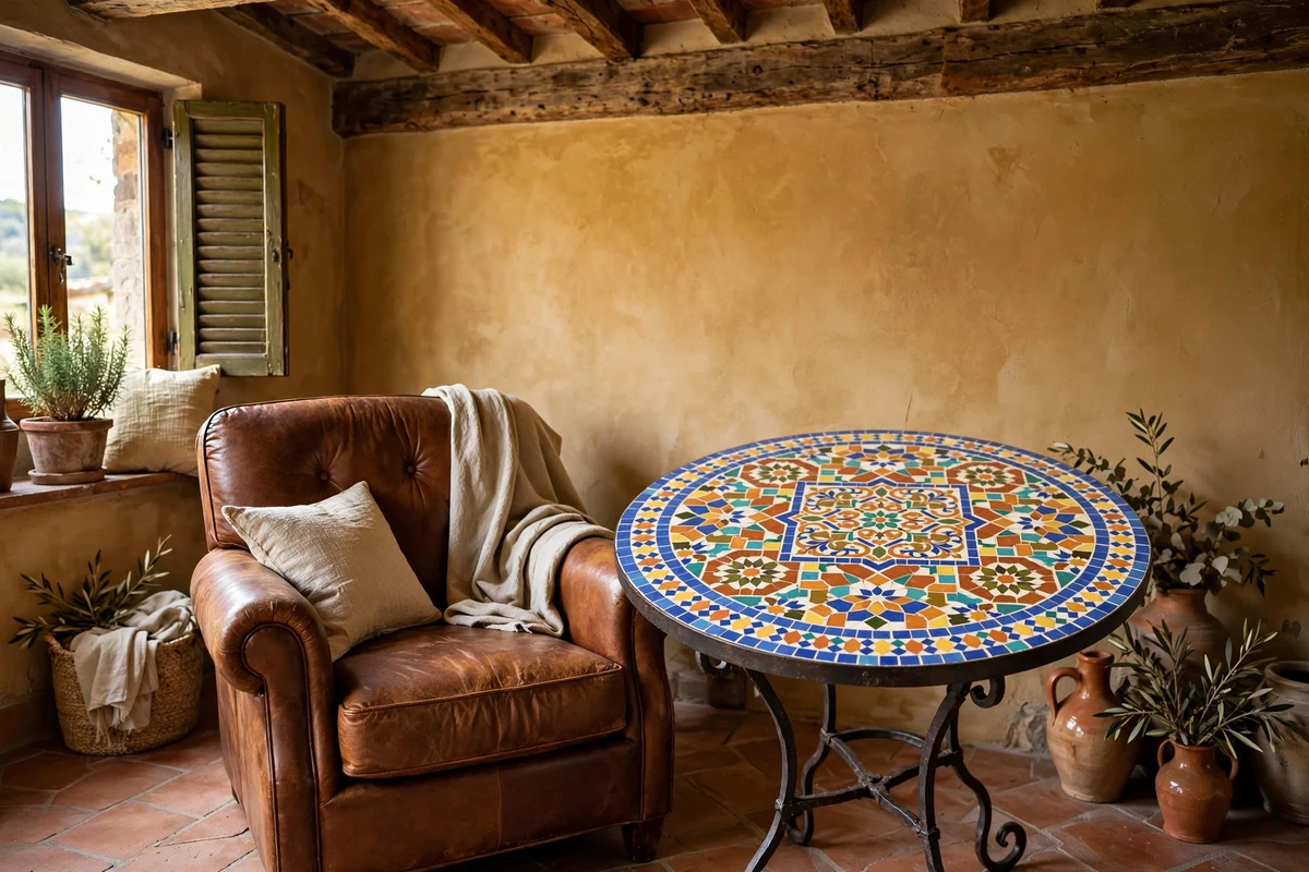 Mosaic tile side table beside an armchair in a Tuscan living room