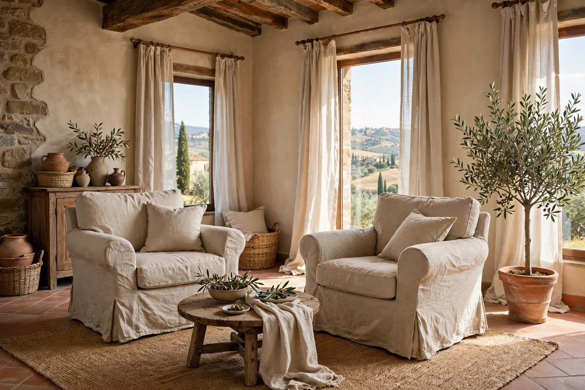Armchairs in natural linen slipcovers in a bright Tuscan living room