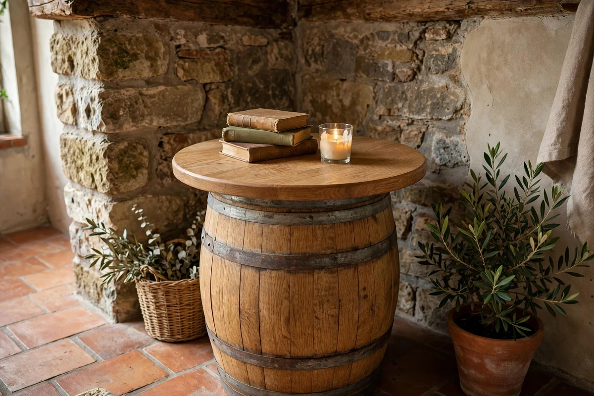 Wine barrel accent table in a Tuscan living room corner