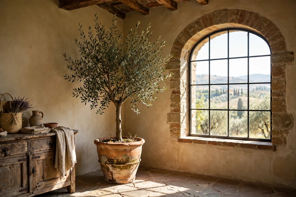 Tall olive tree in a terracotta pot in a Tuscan living room corner