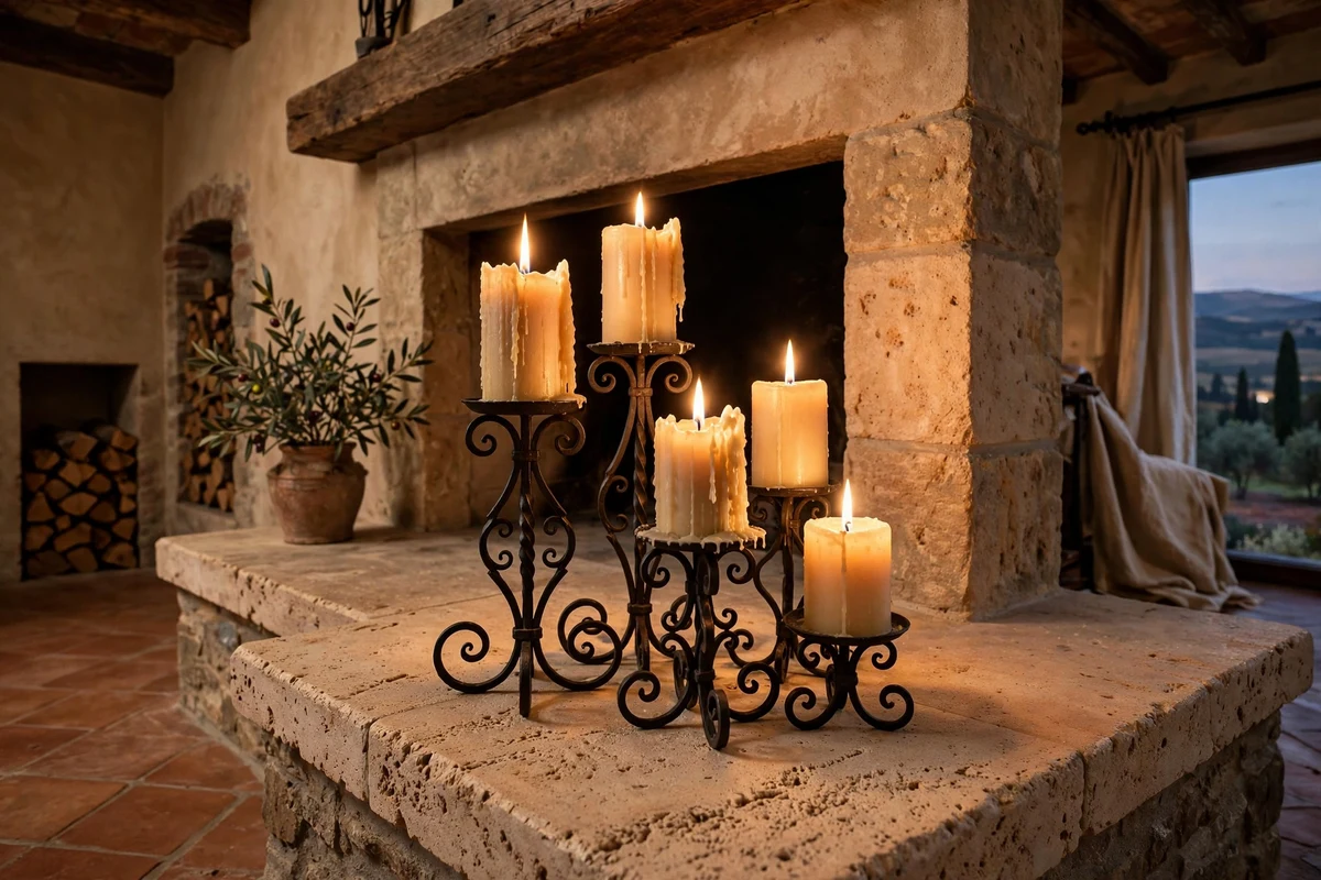 Iron candle holders with pillar candles on a fireplace hearth in a Tuscan living room