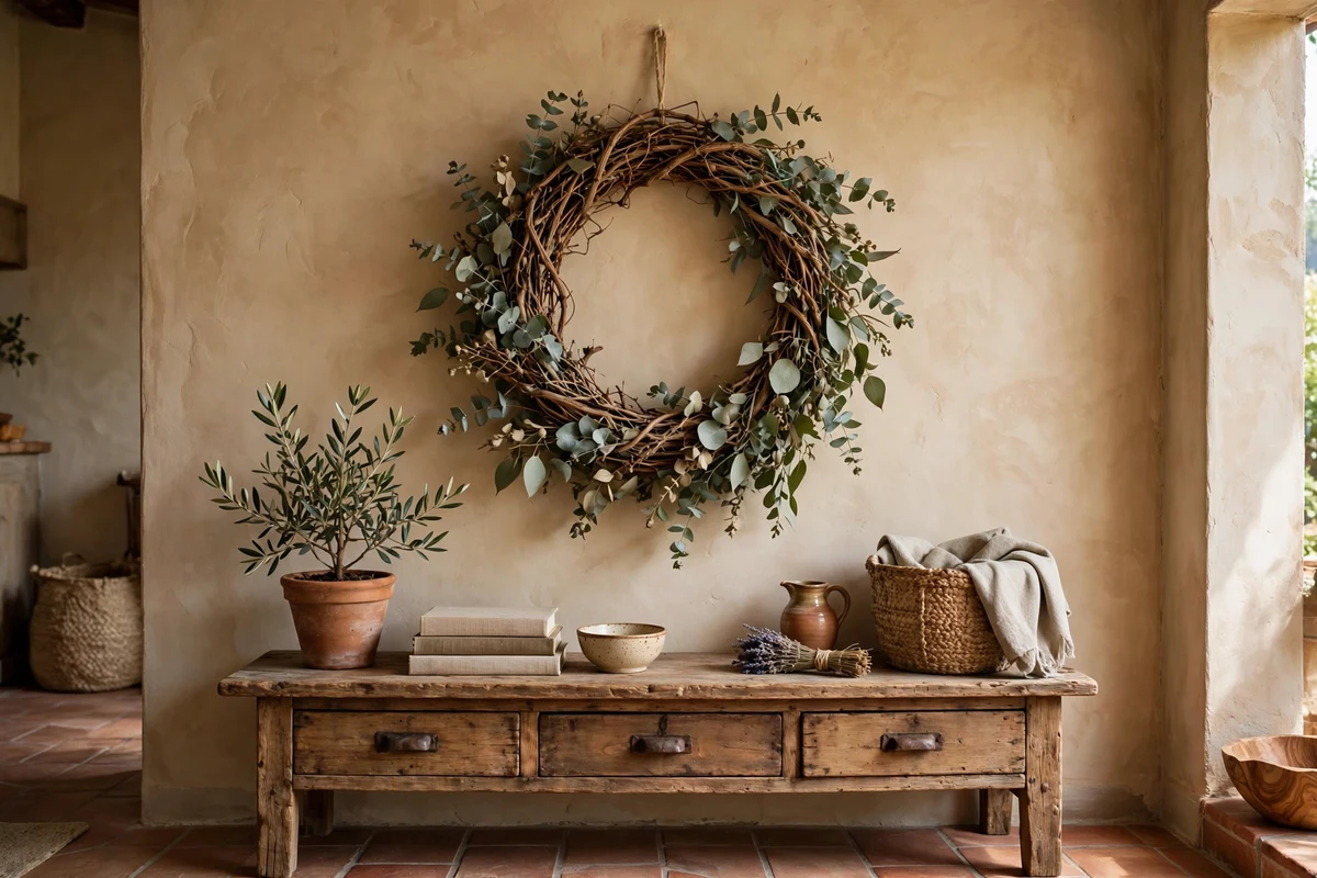 Dried grapevine wreath with eucalyptus on a wall in a Tuscan living room