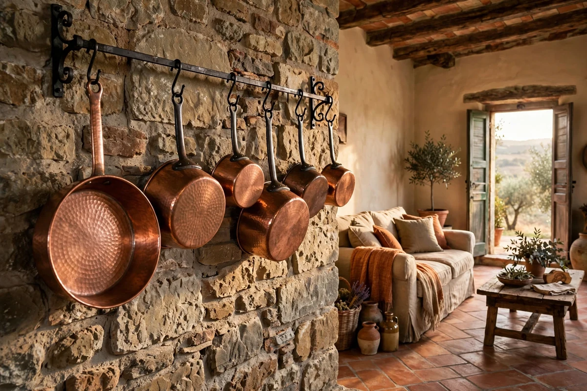 Hammered copper pots on an iron rack beside a Tuscan living room