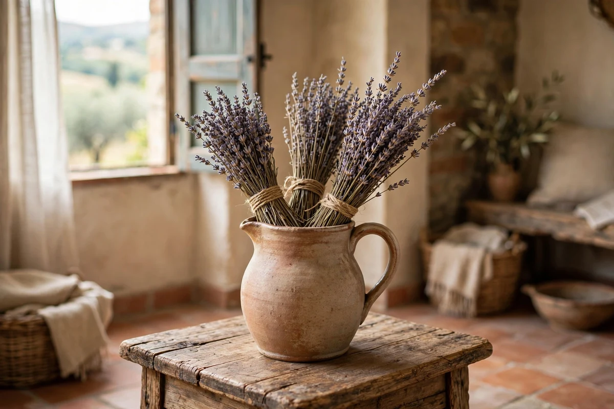 Dried lavender bundles in a ceramic pitcher in a Tuscan living room