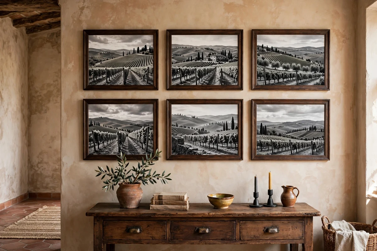 Gallery wall of framed vineyard prints in a Tuscan living room
