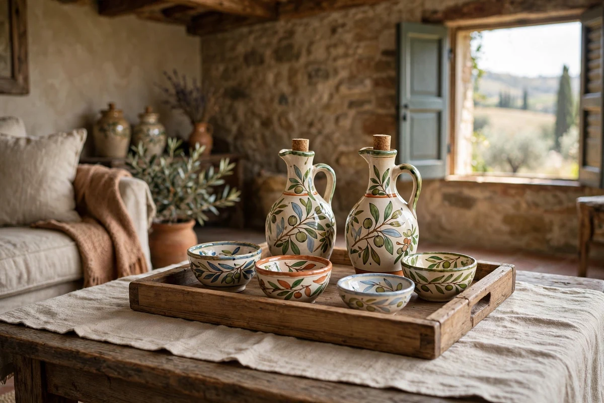 Hand-painted ceramic olive oil cruets on a tray in a Tuscan living room