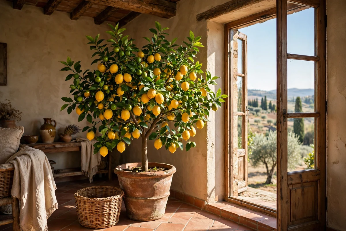 Potted lemon tree with fruit by a sunny window in a Tuscan living room