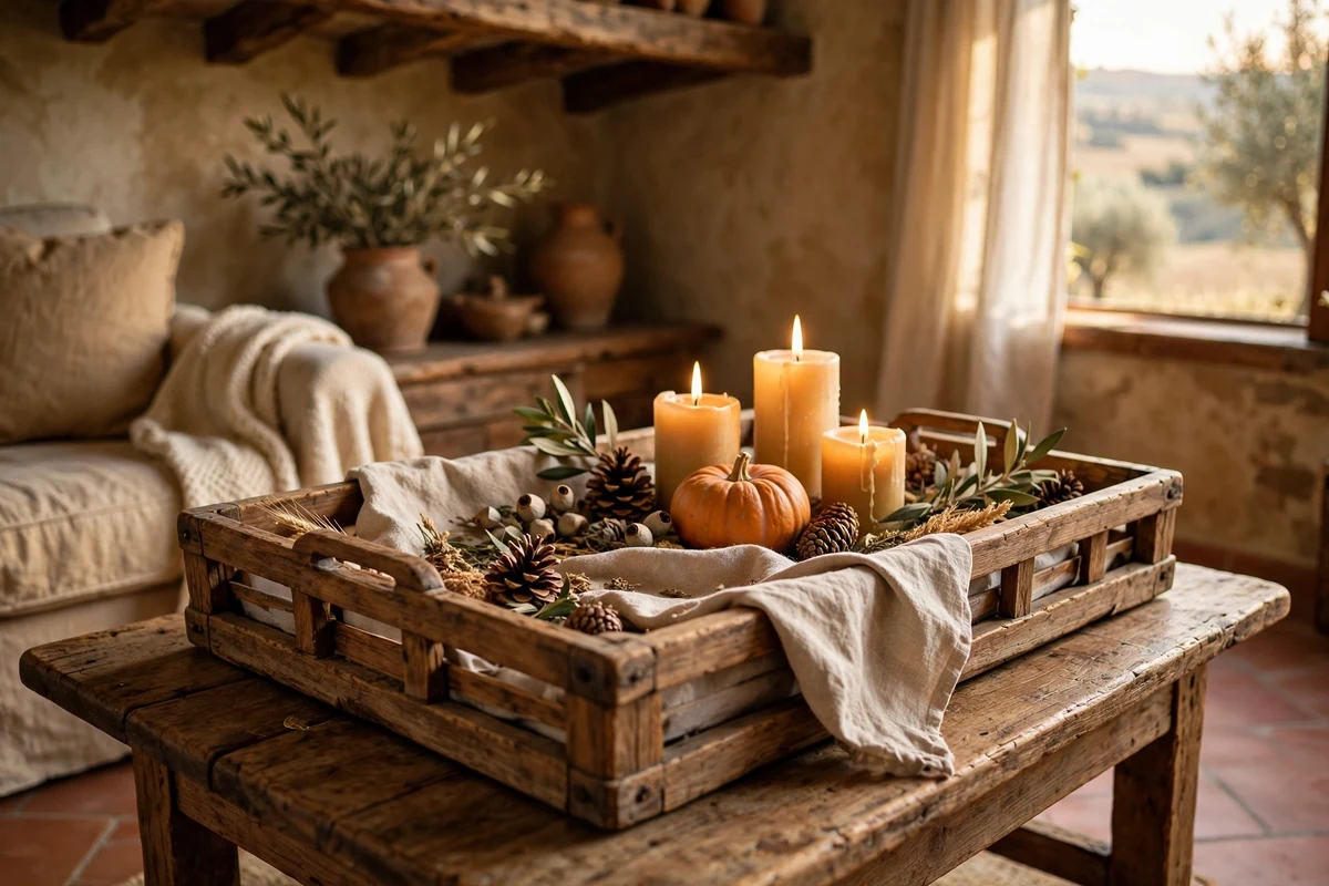 Wooden harvest tray with candles and autumn decor on a coffee table in a Tuscan living room