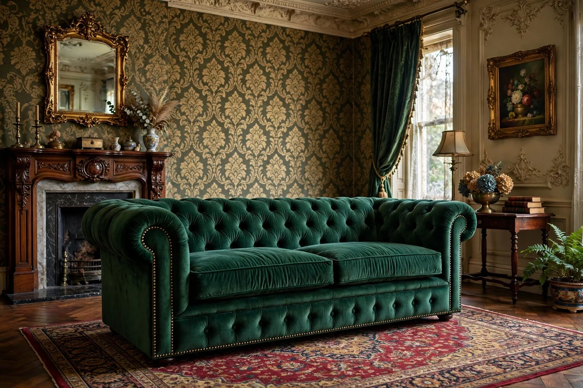 Emerald green velvet Chesterfield sofa with deep button tufting in a Victorian living room