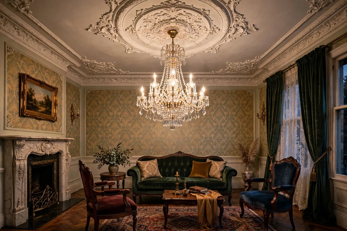 Multi-tier crystal chandelier hanging from an ornate ceiling medallion in a Victorian living room