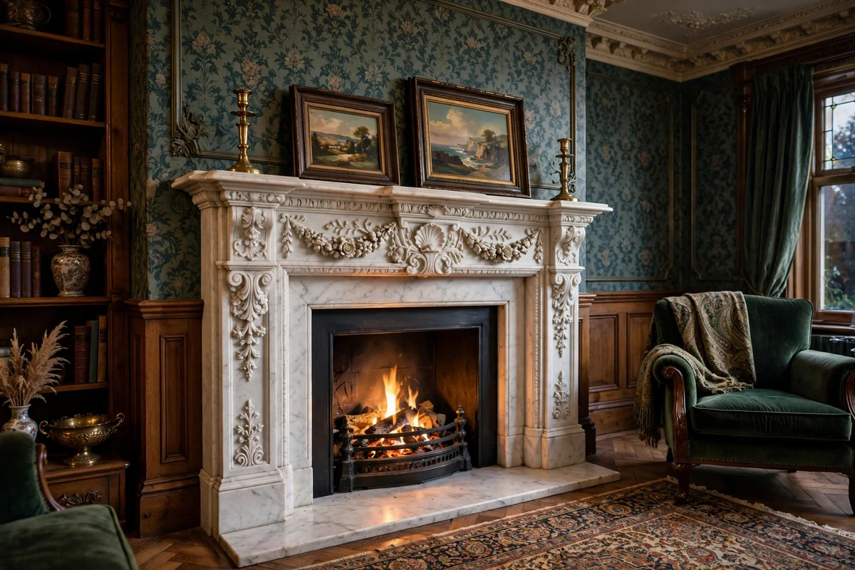 White marble fireplace with carved mantel and glowing fire in a Victorian living room