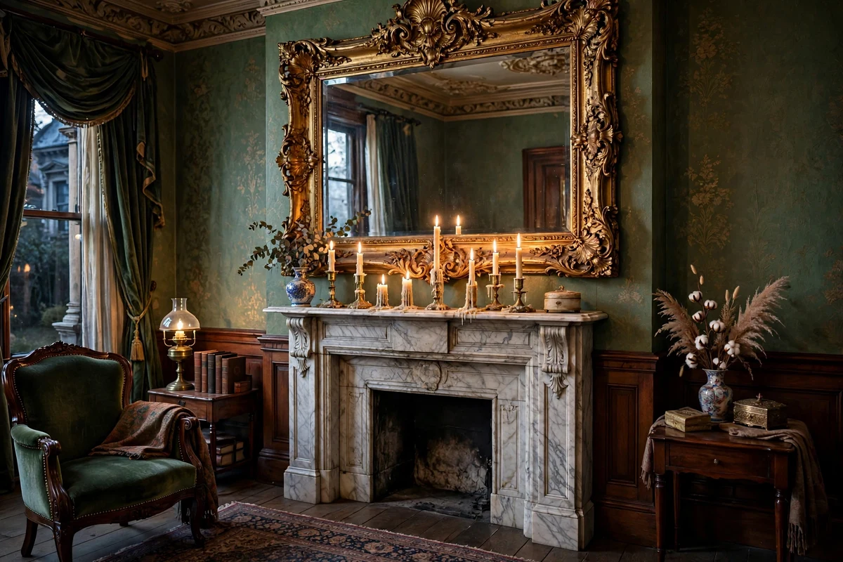 Ornate gold-framed baroque mirror above a marble fireplace mantel in a Victorian living room