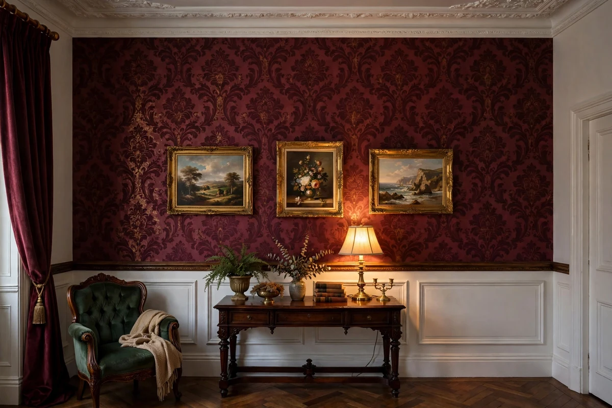 Burgundy damask wallpaper accent wall with wainscoting in a Victorian living room