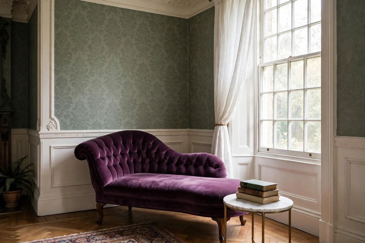 Plum velvet tufted chaise lounge in a Victorian living room corner