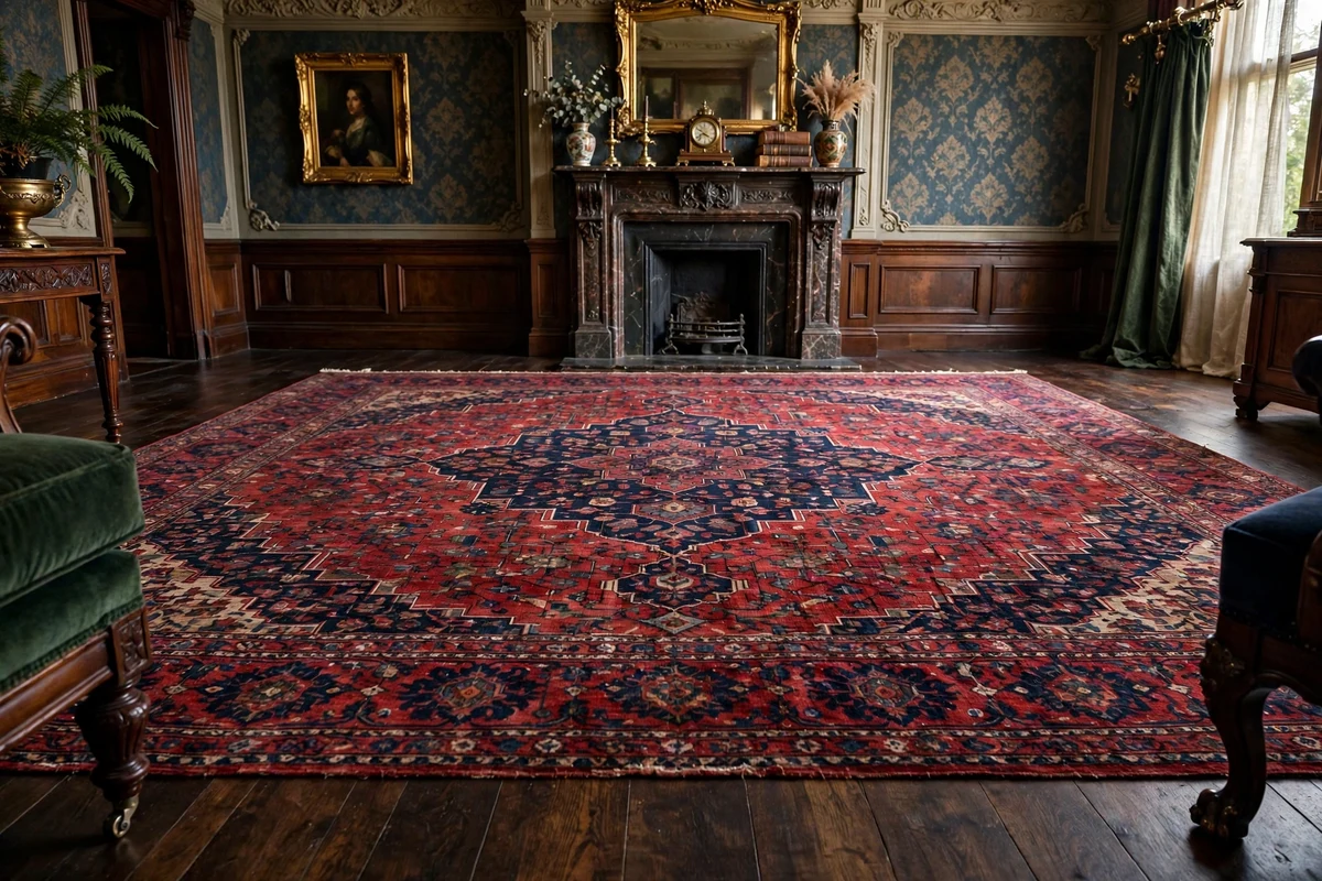 Ornate Persian rug with red and navy patterns on dark hardwood floor in a Victorian living room