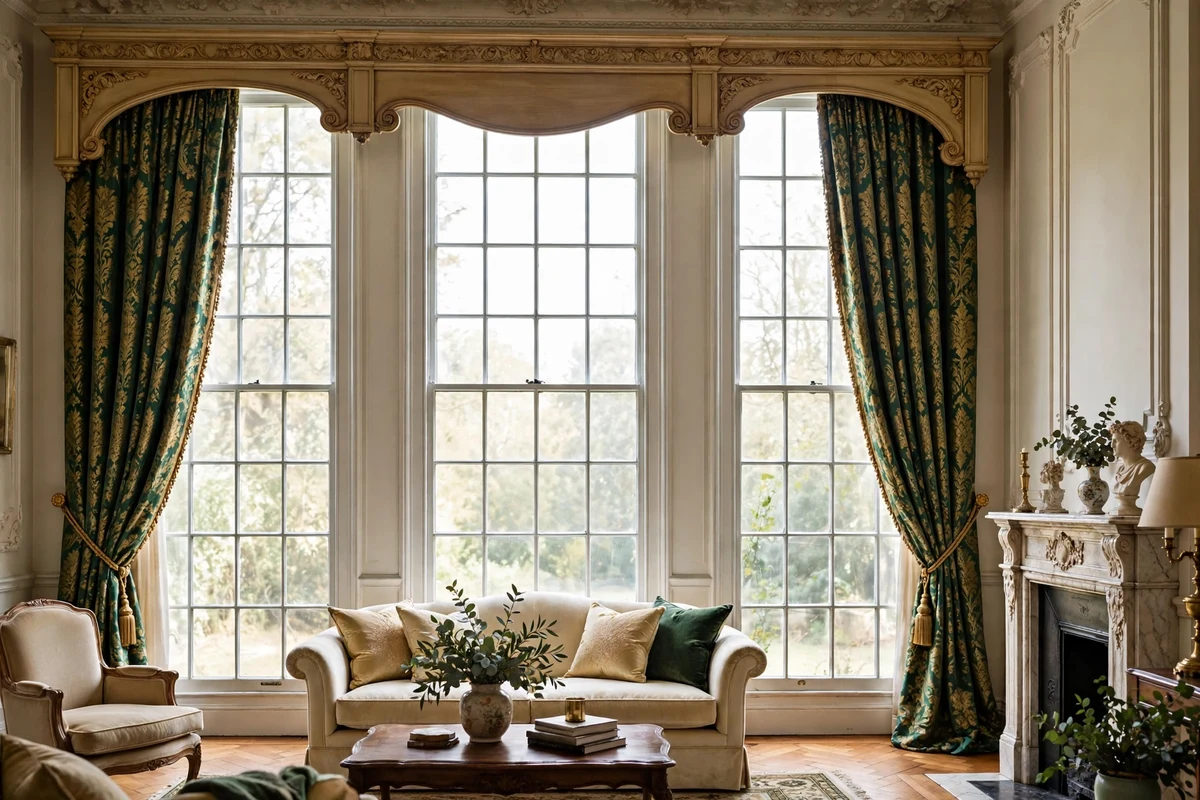 Heavy brocade drapes with pelmet valance on tall Victorian windows