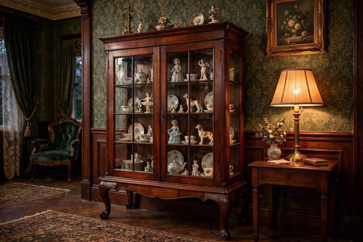 Antique mahogany display cabinet with porcelain figurines in a Victorian living room