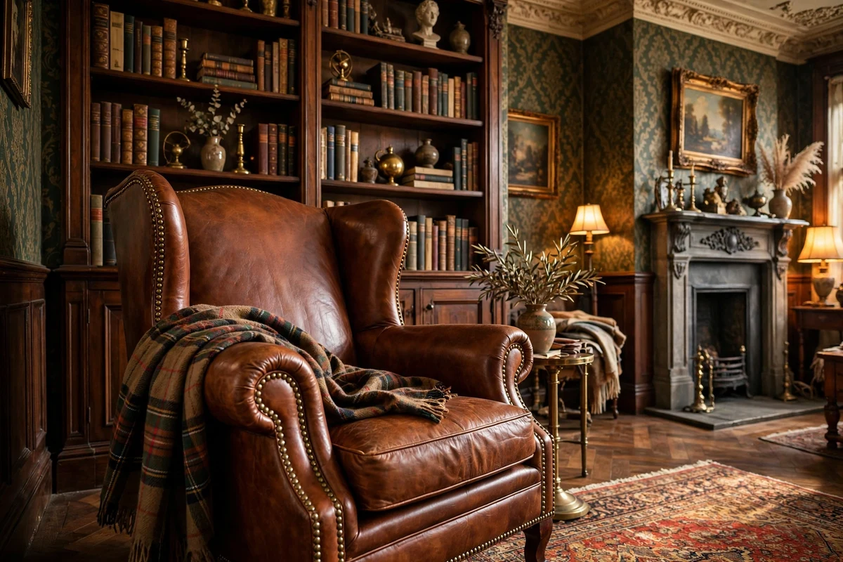 Cognac leather wingback armchair with nailhead trim in a Victorian living room