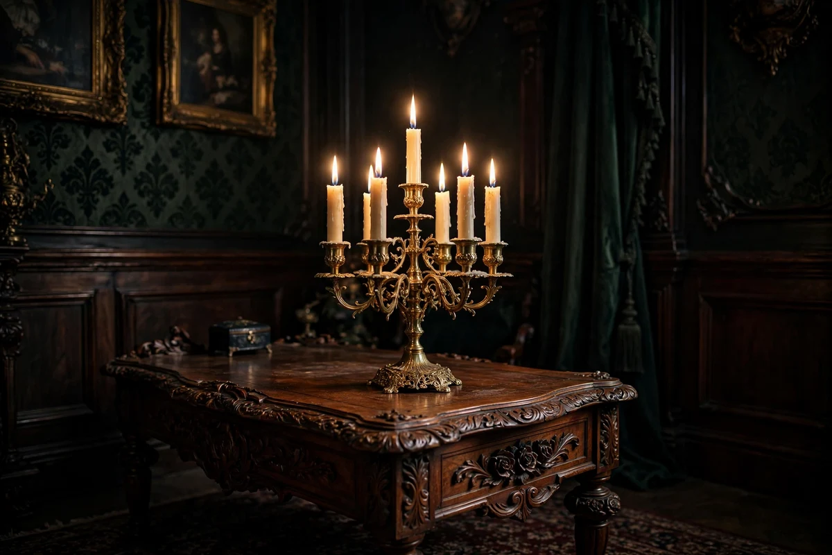 Ornate brass candelabra with lit ivory candles in a Victorian living room