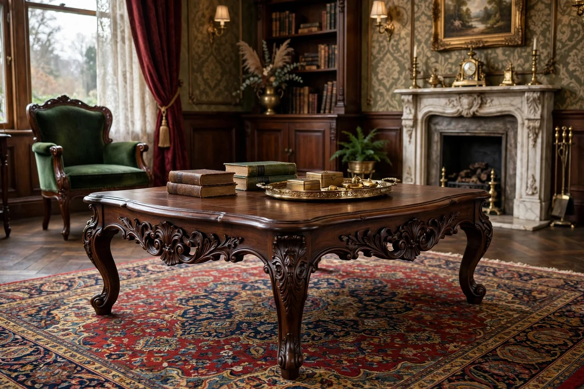 Hand-carved walnut coffee table with cabriole legs in a Victorian living room