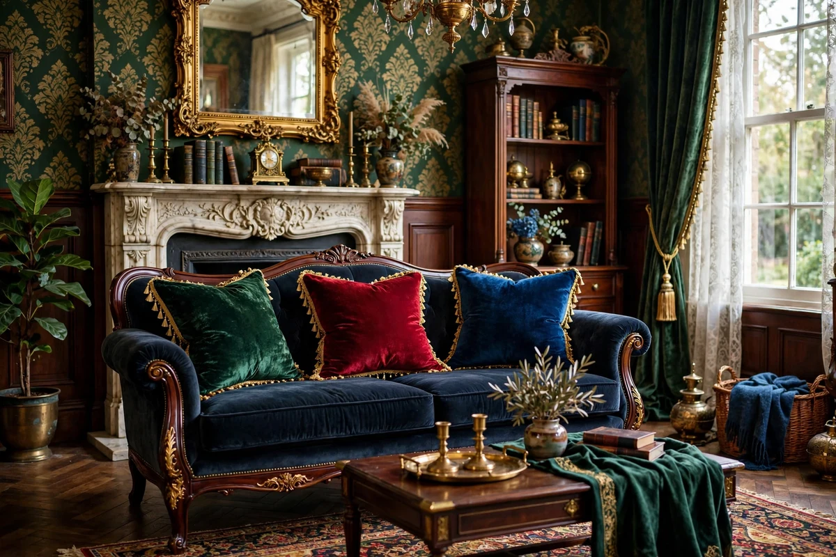 Jewel-tone velvet throw pillows with gold trim on a sofa in a Victorian living room