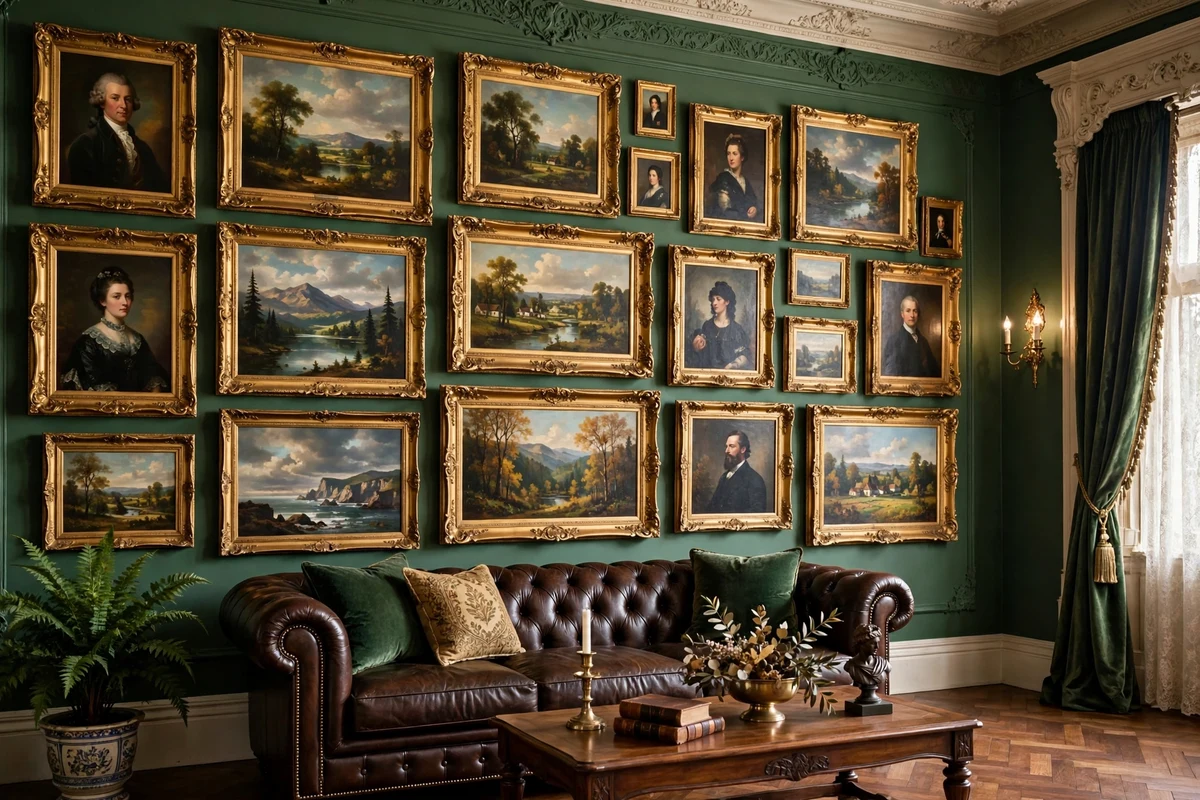 Gallery wall of framed oil paintings in gold frames on a green wall in a Victorian living room
