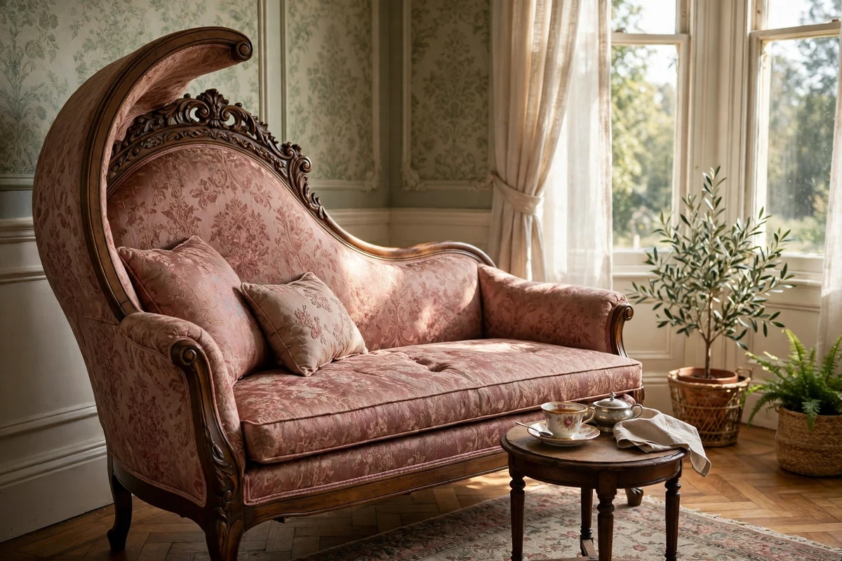 Victorian fainting couch in dusty rose brocade in a sunlit living room corner