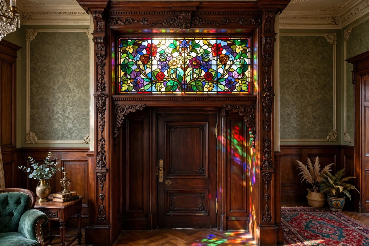 Colorful stained glass transom window panel in a Victorian living room