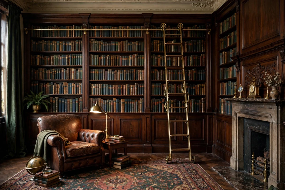 Floor-to-ceiling bookshelves with brass rolling ladder in a Victorian living room
