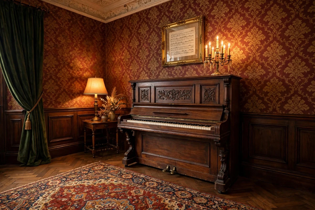 Antique upright piano with candelabra in a Victorian living room corner