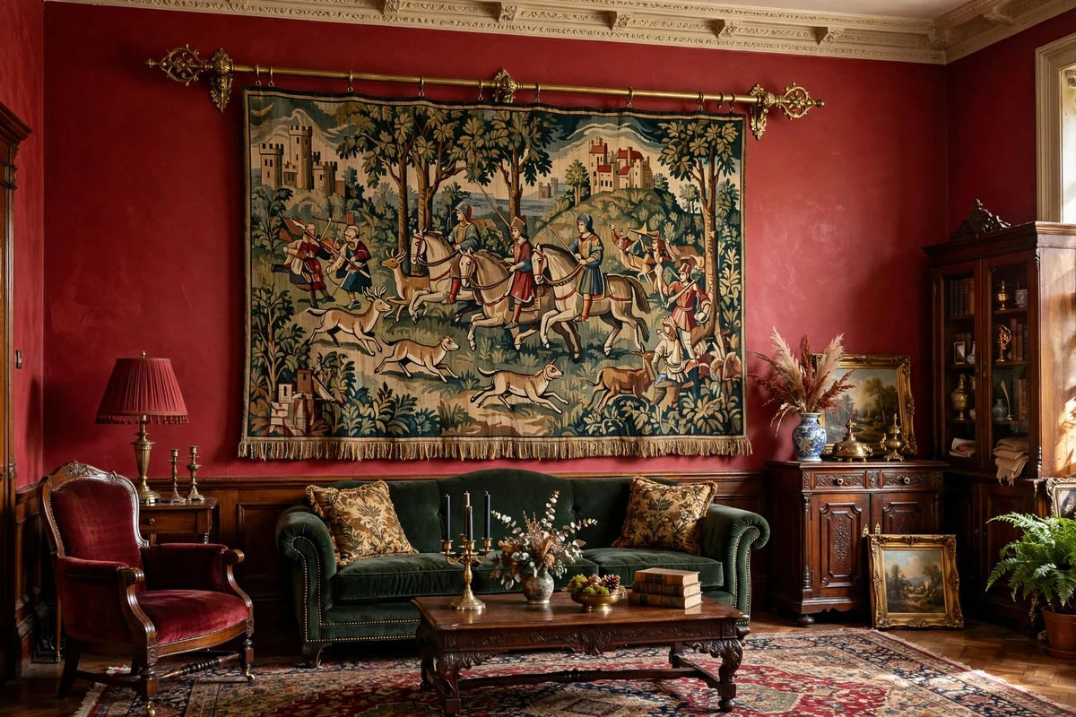 Woven tapestry wall hanging with medieval scene in a Victorian living room
