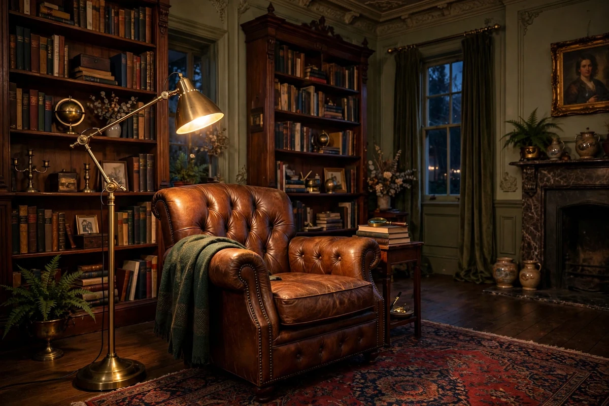 Brass pharmacy floor lamp beside a leather reading chair in a Victorian living room