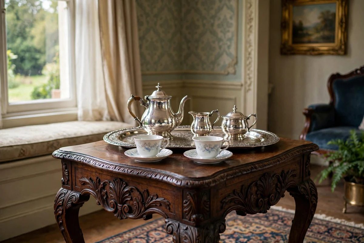 Polished silver tea set on a tray in a Victorian living room