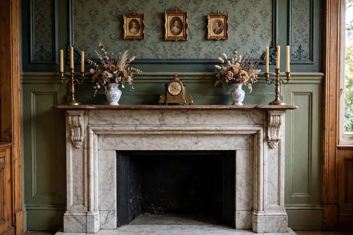 Styled Victorian fireplace mantel with clock, candlesticks and porcelain vases