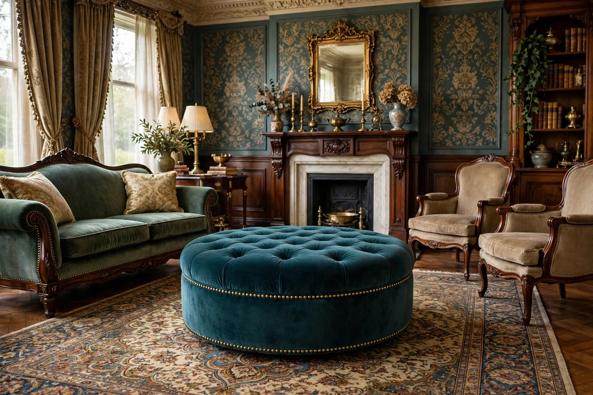 Round tufted teal velvet ottoman in a Victorian living room seating area