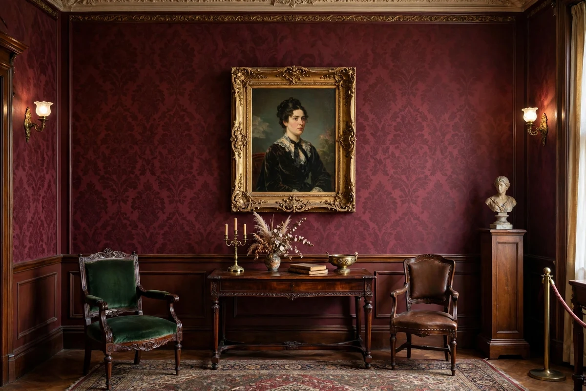 Framed Victorian oil portrait in carved gold frame on a burgundy wall
