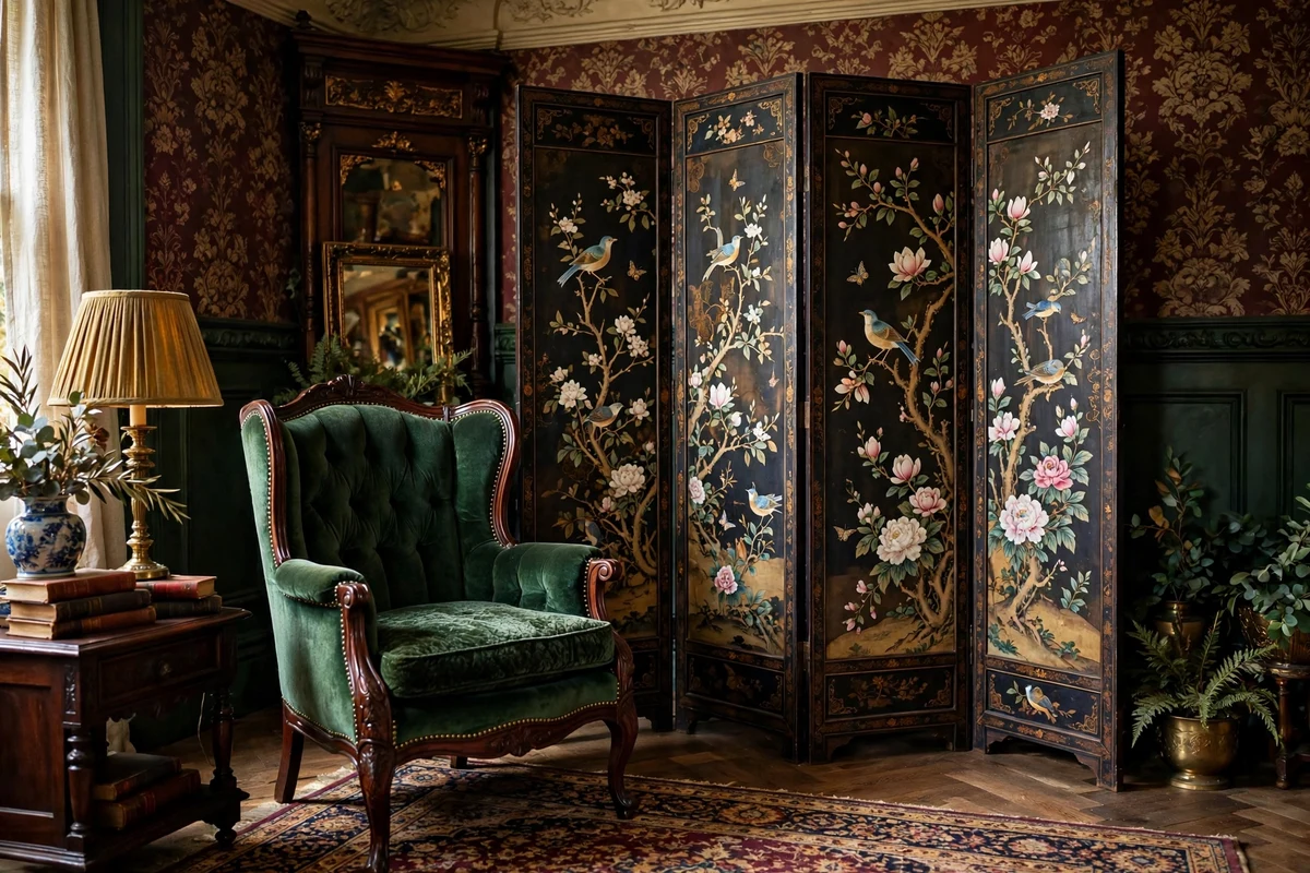 Hand-painted chinoiserie folding screen in a Victorian living room