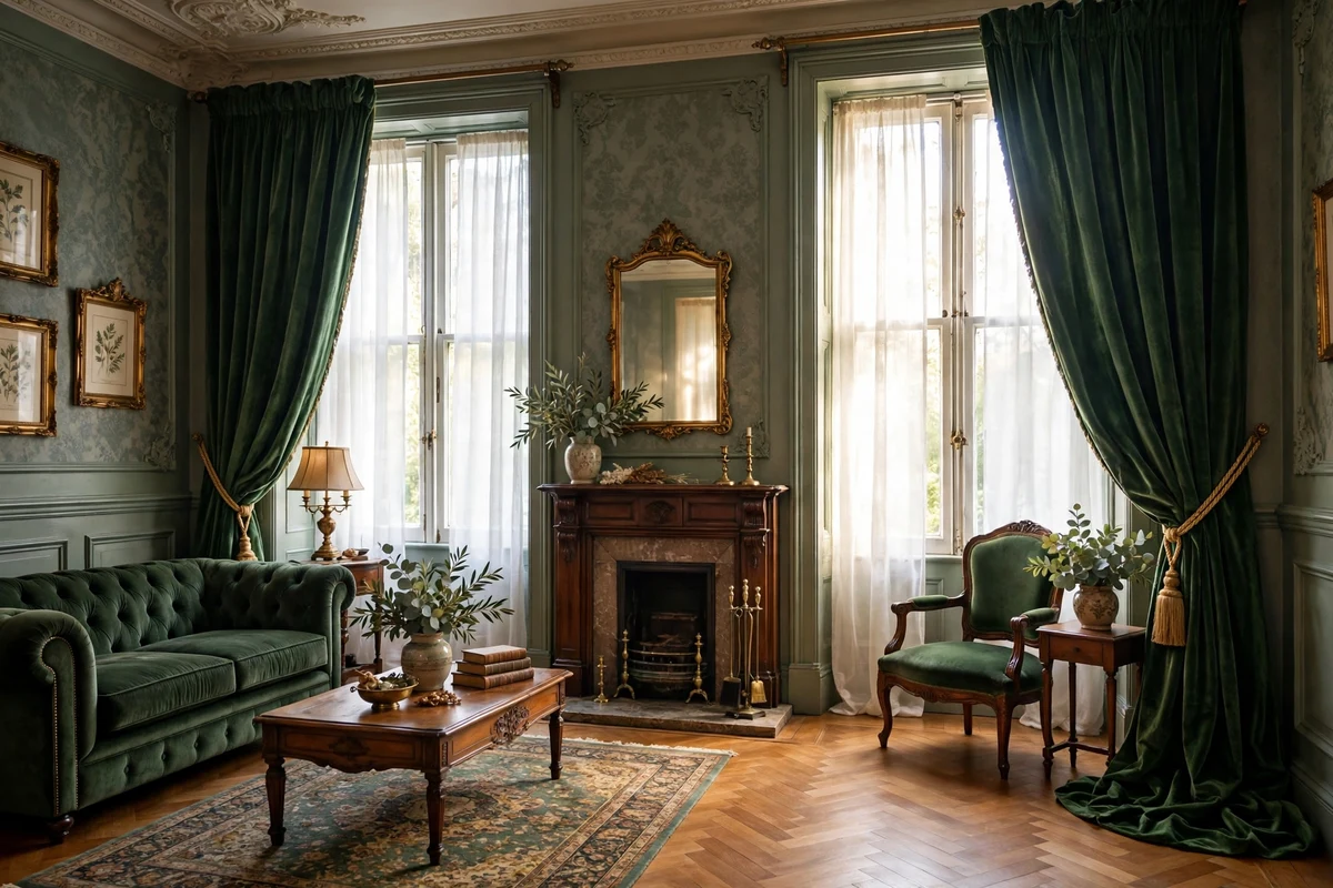 Deep green velvet curtains with gold tiebacks on tall Victorian windows