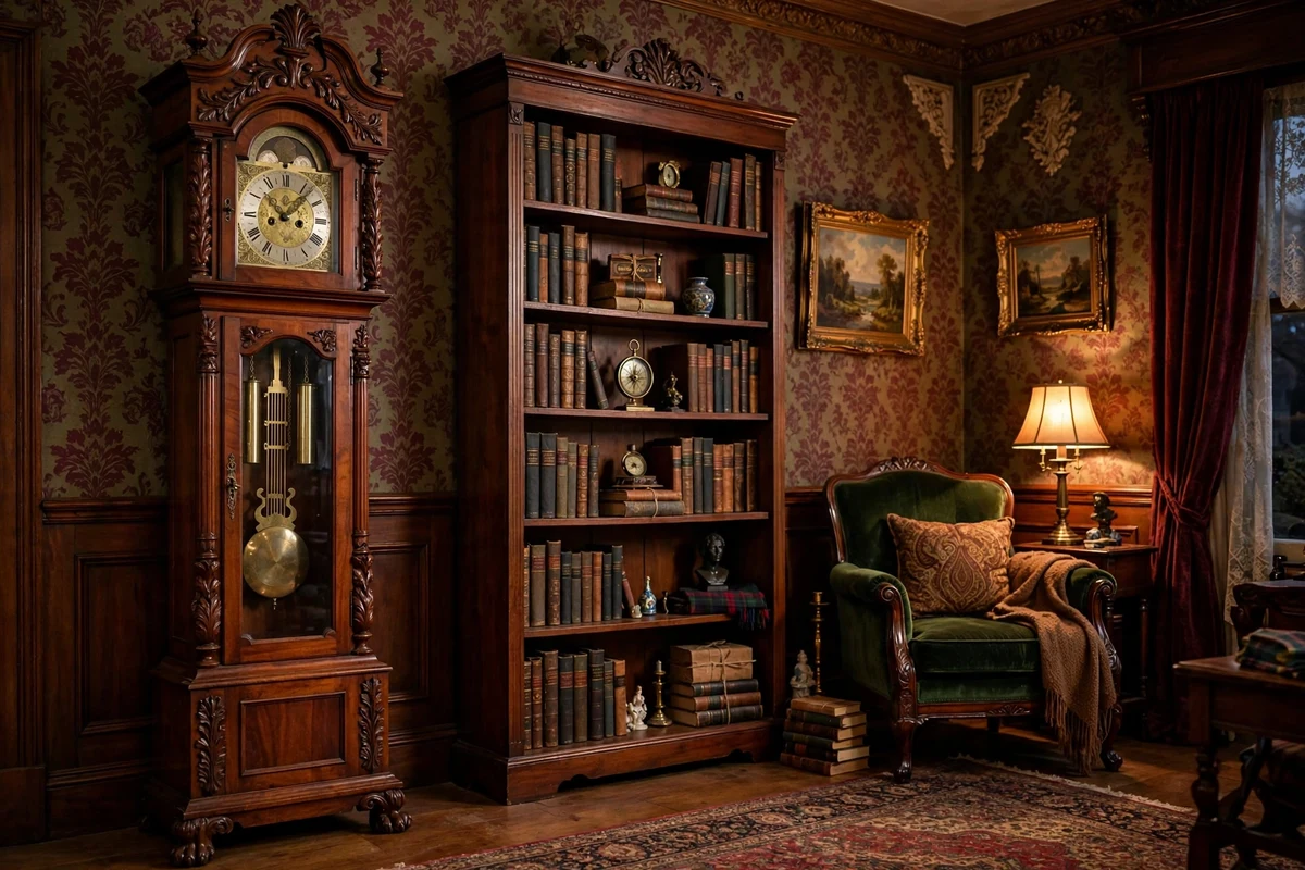 Antique grandfather clock with carved mahogany case in a Victorian living room