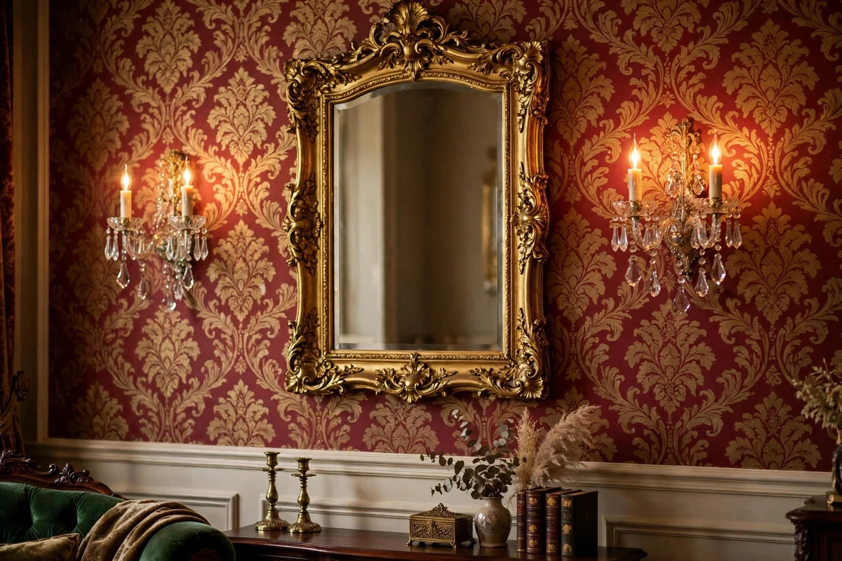 Candle-style crystal wall sconces flanking a gilt mirror in a Victorian living room