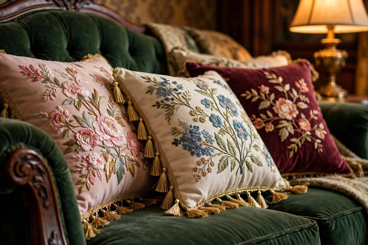 Embroidered floral pillows with gold tassels on a Victorian sofa